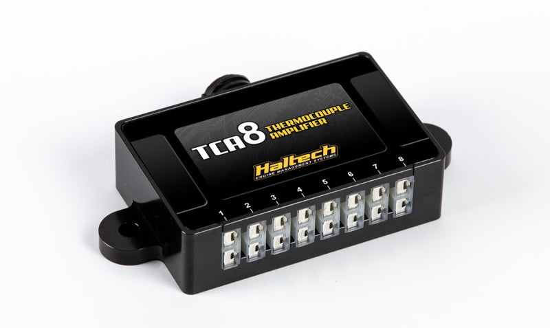 Haltech TCA8 Eight Channel Thermocouple Amplifier box for programmer accessories, showing the packaging and product branding.