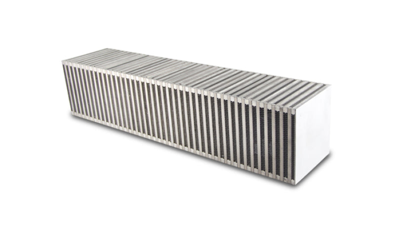 Vibrant vertical flow intercooler core, 27 inches wide, 6 inches high, 6 inches thick, with finned cooling surface for efficient airflow.