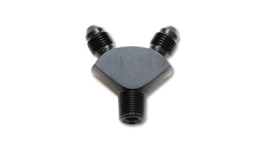 Vibrant aluminum -3AN x -3AN x 1/8 inch NPT Y-Adapter fitting showing smooth finish and threaded ends for fluid connections