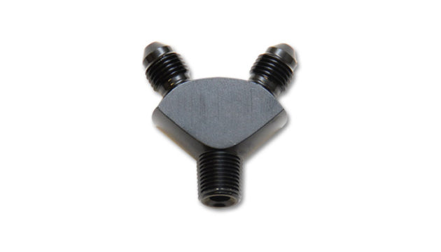 Vibrant aluminum -3AN x -3AN x 1/8 inch NPT Y-Adapter fitting showing smooth finish and threaded ends for fluid connections