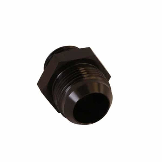 Aeromotive AN-12 ORB to AN-16 flare fitting showing the metal fittings with threaded and flare ends for automotive use