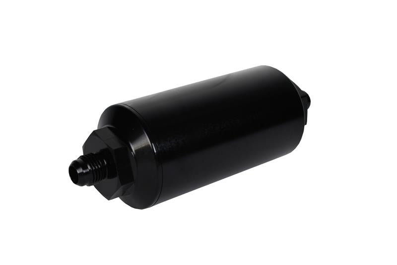 Aeromotive in-line fuel filter with AN-6 male fitting, 10 micron fabric element, bright dip black finish for high-performance vehicles.