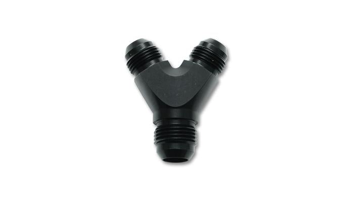 Vibrant aluminum -8AN Y-adapter fitting with three hose connections, showcasing the metal finish and compact design.