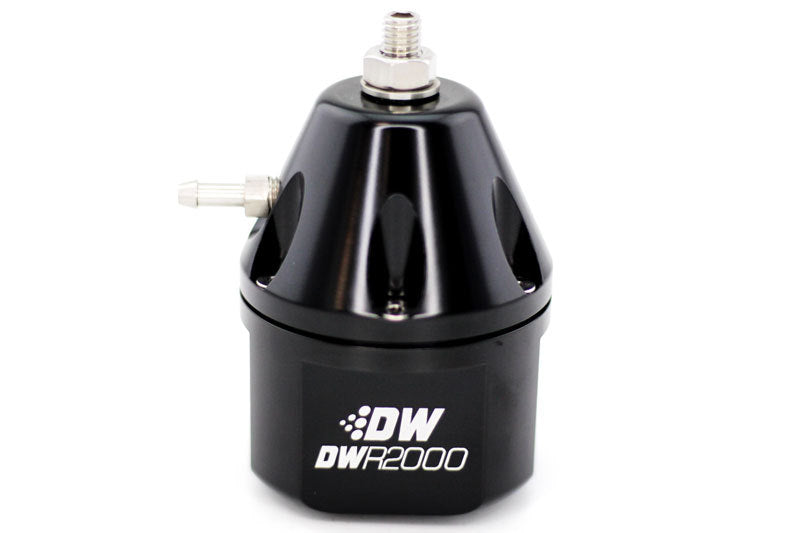 DeatschWerks DWR2000 black adjustable fuel pressure regulator with inlet and outlet fittings for automotive performance.