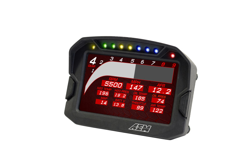 AEM CD-5LG Carbon Logging Digital Dash Display with internal 10Hz GPS and antenna showing gauges and digital readouts.