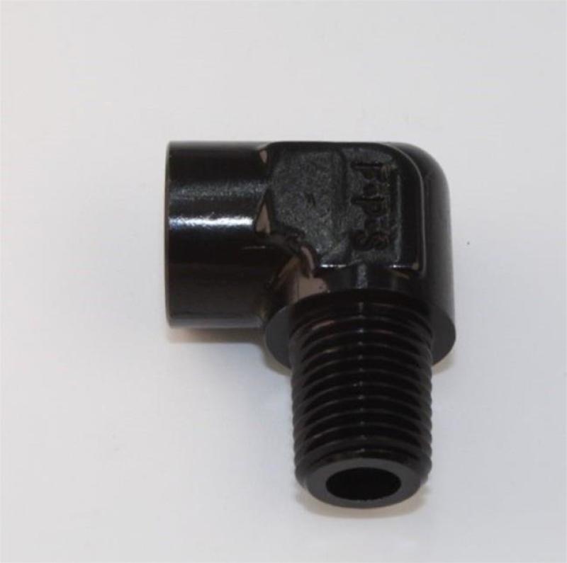 Fragola black 1/8 inch pipe 90 degree elbow fitting with male and female ends, used for plumbing and fluid connections.