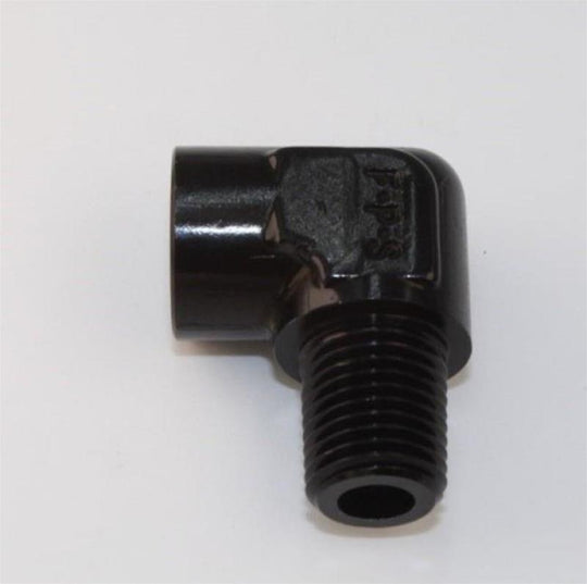 Fragola black 1/8 inch pipe 90 degree elbow fitting with male and female ends, used for plumbing and fluid connections.
