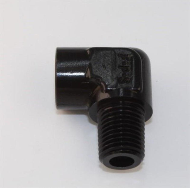 Fragola black 1/8 inch pipe 90 degree elbow fitting with male and female ends, used for plumbing and fluid connections.