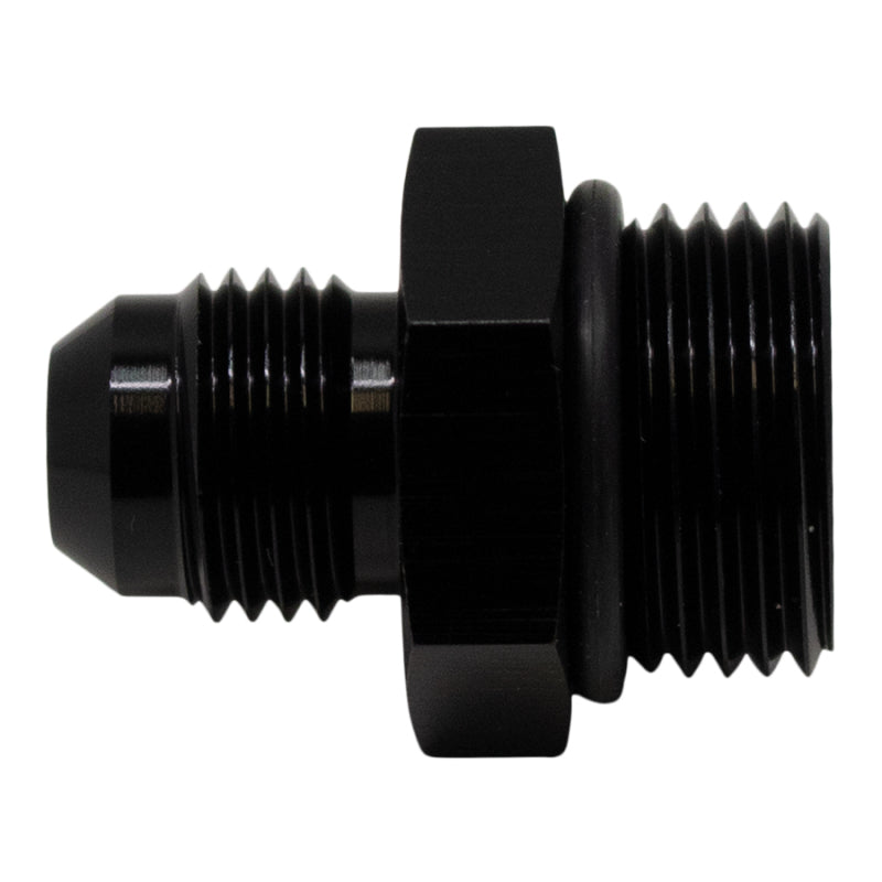 DeatschWerks matte black 8AN ORB male to 6AN male flare fitting with O-ring for fuel or oil line connections.