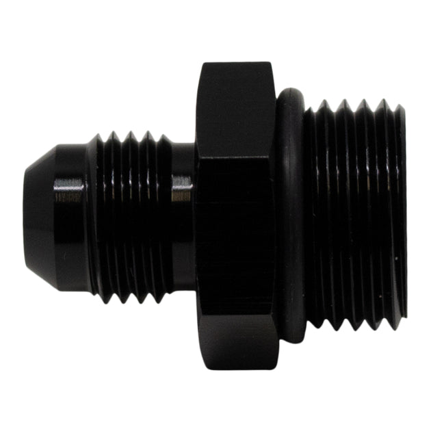 DeatschWerks matte black 8AN ORB male to 6AN male flare fitting with O-ring for fuel or oil line connections.