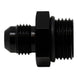 DeatschWerks matte black 8AN ORB male to 6AN male flare fitting with O-ring for fuel or oil line connections.