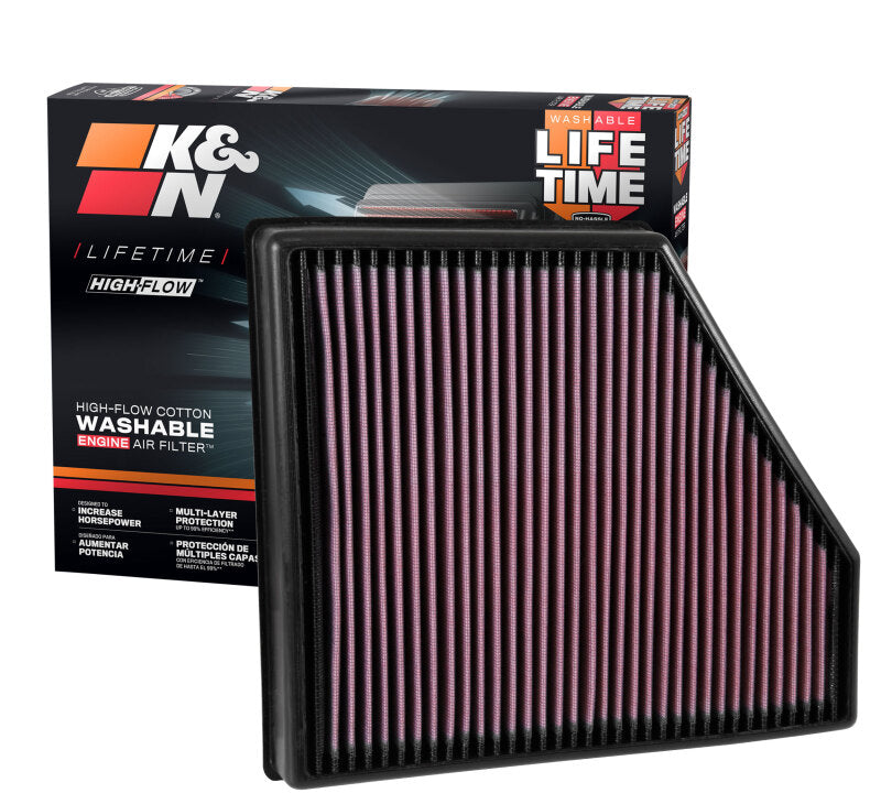 K&N Engineering 2016 Chevy Camaro SS 6.2L drop-in air filter showing the reusable, high-performance air filter for engine airflow.