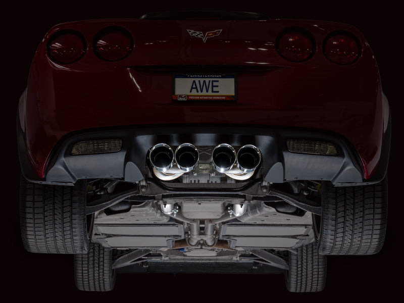 AWE Tuning axle-back exhaust system with chrome silver tips installed on a 2005-2007 C6 Chevrolet Corvette 6.0L Touring Edition