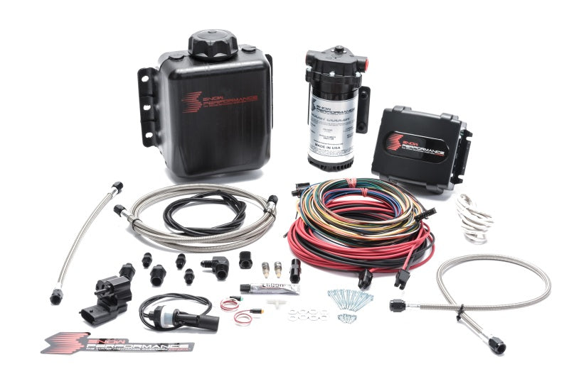 Snow Performance Stage 4 Boost Cooler Platinum water injection kit with SS braided line and 4AN fitting, designed for performance vehicles.