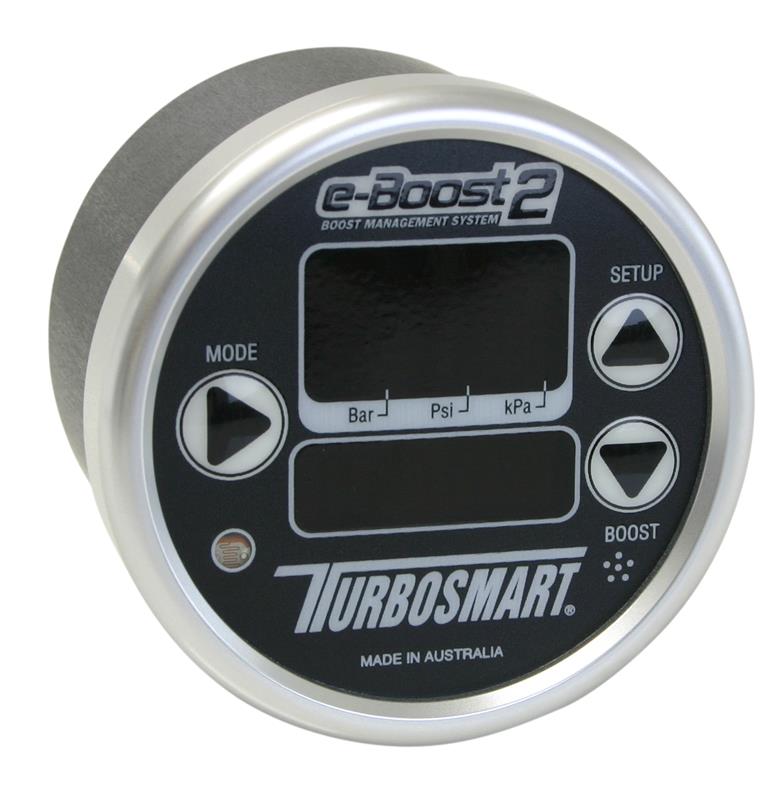 Turbosmart eB2 60mm black and silver boost controller with digital display and control knobs for turbocharged vehicles.