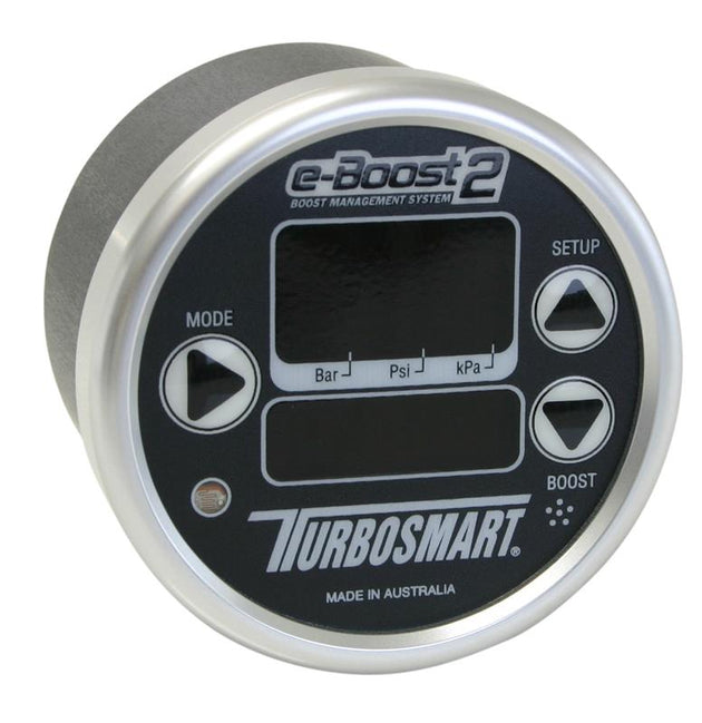 Turbosmart eB2 60mm black and silver boost controller with digital display and control knobs for turbocharged vehicles.