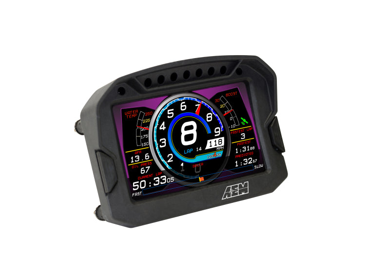 AEM CD-5LG Carbon Logging Digital Dash Gauge with internal 10Hz GPS and antenna, showing digital display and mounting details.