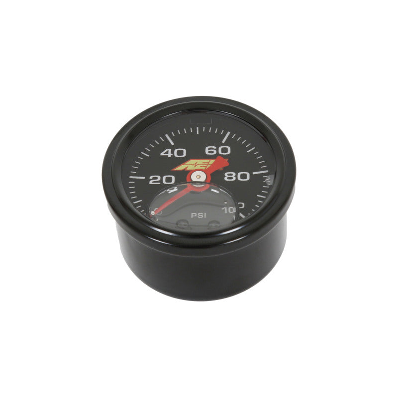 AEM 0-100 PSI liquid-filled mechanical pressure gauge with 1/8 NPT connection, displaying pressure readings on a dial.