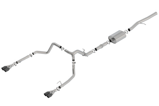 Borla catback exhaust system for 2019 Chevrolet Silverado/GMC Sierra 1500 6.2L with black chrome tips, featuring sleek design and dual outlets.