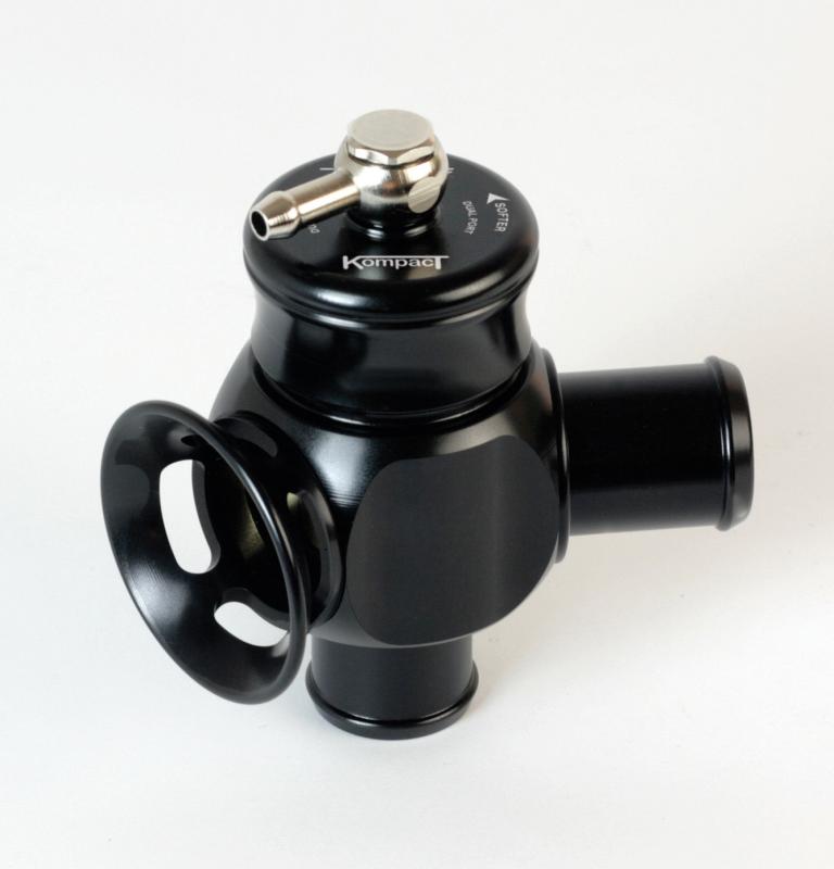 Turbosmart BOV Kompact Dual Port blow off valve for 2016 Cadillac ATS-V 3.6L twin-turbo engine, with metallic finish and dual ports.