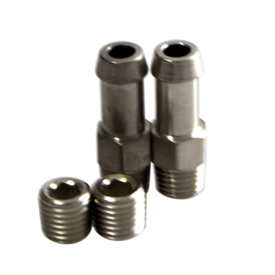 Turbosmart WG38/40/45 hose barb fittings with 1/16 NPT threads, metal connectors for fuel or oil line applications.