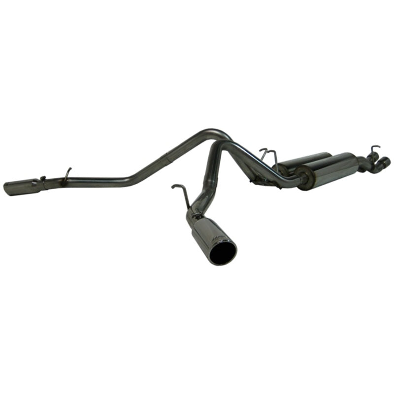 MBRP cat back dual split side exhaust system for 2003-2007 Chevy/GMC 2500 HD 6.0L engine, showing the exhaust pipes and tips.