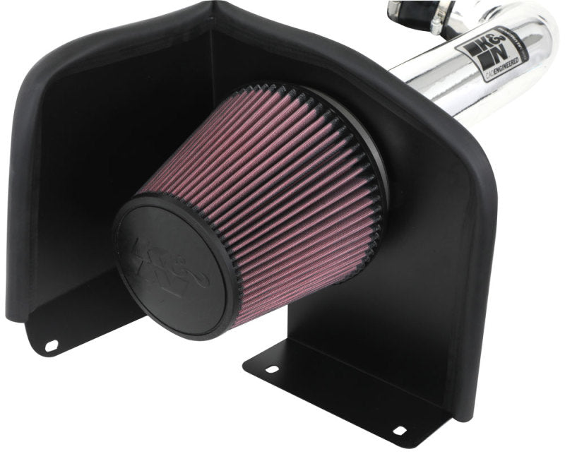 K&N Engineering high flow cold air intake kit for 2009-2010 Yukon, Sierra, Tahoe, Silverado, Escalade vehicles, with air filter and intake tubing.