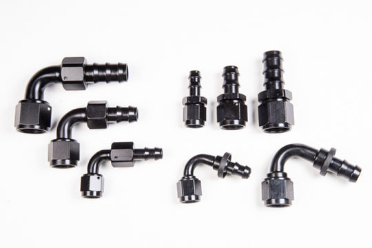 Radium Engineering 6AN 90-degree push-lock hose end fitting with black finish, designed for high-performance fuel and oil lines.