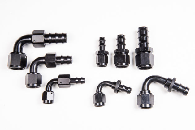 Radium Engineering 6AN 90-degree push-lock hose end fitting with black finish, designed for high-performance fuel and oil lines.