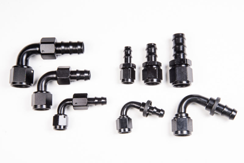 Radium Engineering 10AN straight Pushlok hose end fitting, black anodized aluminum for high-performance automotive fuel and oil systems.