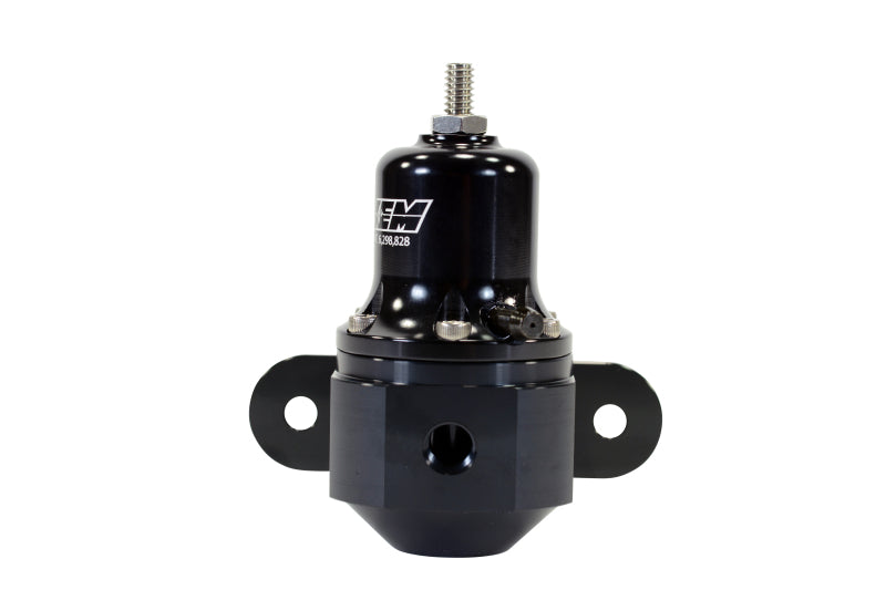 AEM high capacity black adjustable fuel pressure regulator for automotive fuel systems, shown in close-up view.