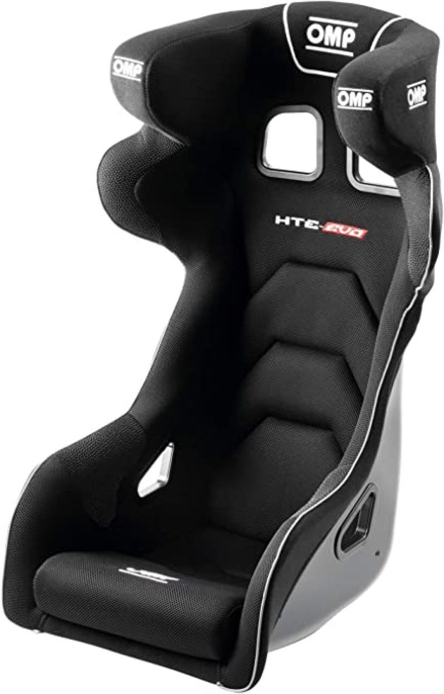Black OMP HTE Series Evo fiberglass racing seat with ergonomic design and high side support for motorsport use.