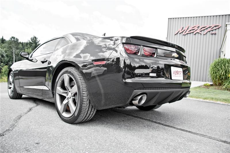 MBRP axle back muffler delete for 2010-2015 Chevrolet Camaro V6 3.6L, showing the T304 stainless steel exhaust tips and piping.