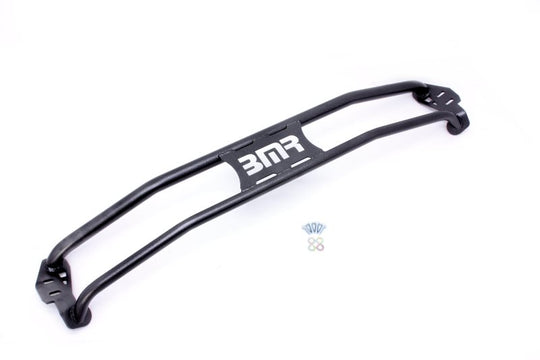 Black Hammertone BMR 11-15 5th Gen Camaro front 2-point strut tower brace installed in engine bay.