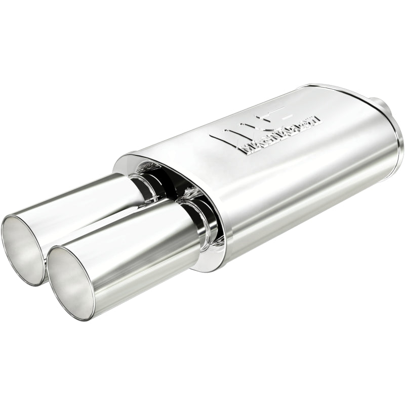 MagnaFlow stainless steel muffler with tip, 14x5x8 inches, featuring dual outlets and polished tip for car exhaust system.