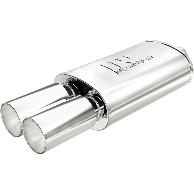 MagnaFlow stainless steel muffler with tip, 14x5x8 inches, featuring dual outlets and polished tip for car exhaust system.