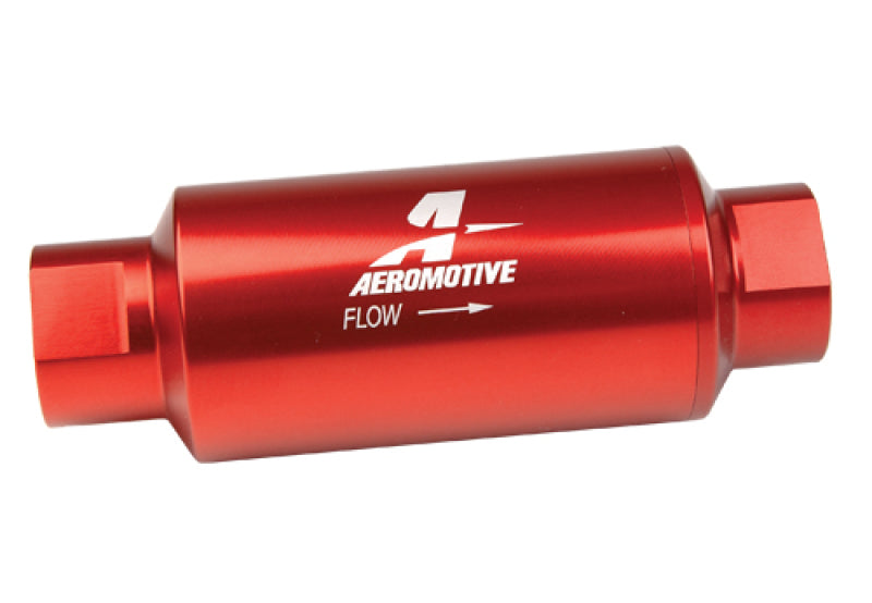 Aeromotive in-line fuel filter with AN-10 fitting and 10-micron fabric element for automotive fuel filtration.