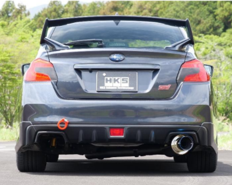 HKS Hi-Power catback muffler for 2015 Subaru WRX STI, showcasing the shiny exhaust tip and sleek design.