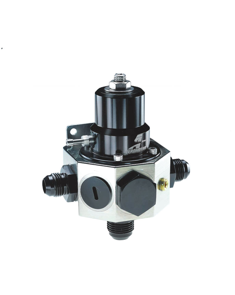 Aeromotive Pro-Series EFI fuel pressure regulator installed on a vehicle, showcasing its compact design and precise pressure control.