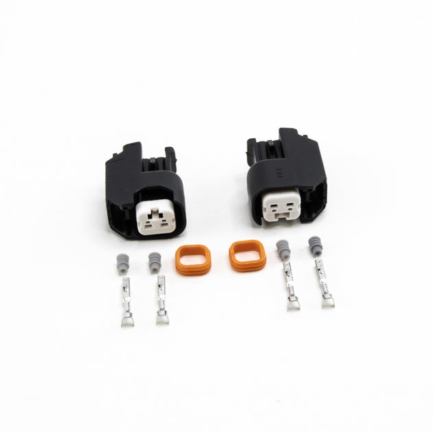 DeatschWerks USCAR fuel injector connector housing and pins for re-pining, showing electrical connectors and wiring details.