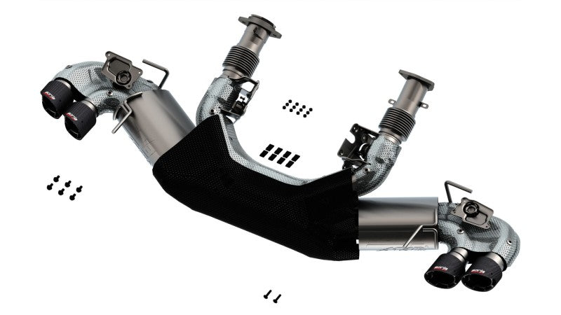 Borla catback exhaust system for 2020 Chevrolet Corvette C8 with 6.2L engine, dual round angle cut carbon fiber tips.
