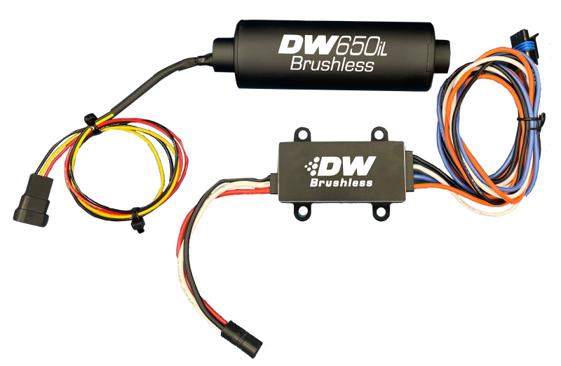 DeatschWerks DW650iL Series 650LPH in-line external fuel pump with single and dual-speed controller, shown in detailed view.