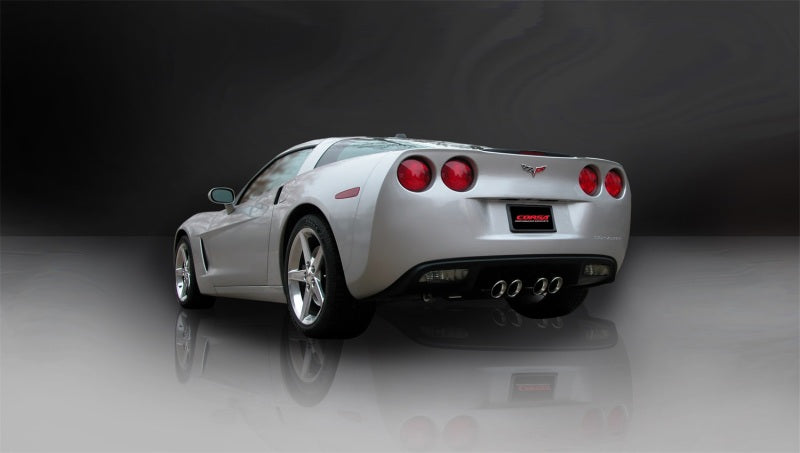 Polished CORSA Performance axle-back exhaust for Chevrolet Corvette C6 2005-2007 with 6.0L V8 engine, showing the sleek exhaust tips.