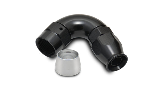 Vibrant -10AN 120 degree hose end fitting for PTFE lined hose, showing the metal fitting with a 120-degree bend.