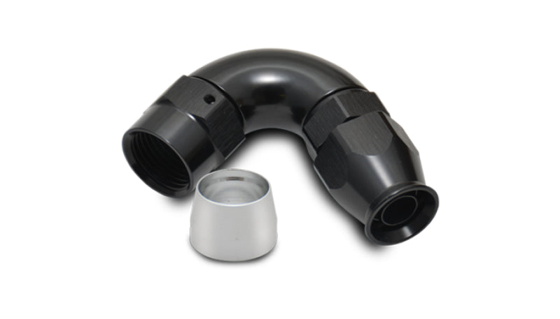 Vibrant -6AN 120-degree hose end fitting for PTFE lined hoses, showcasing durable metal construction and precise angle fitting.