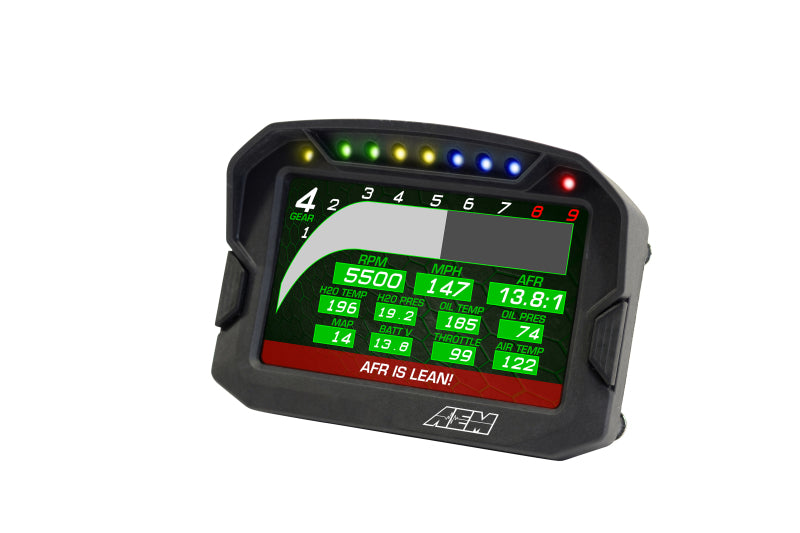AEM CD-5LG Carbon Logging Digital Dash Display with internal 10Hz GPS and antenna showing gauges and digital readouts.