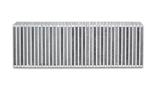 Vibrant vertical flow intercooler core with 24-inch width, 8-inch height, and 3.5-inch thickness for high-performance turbo systems.