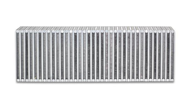 Vibrant vertical flow intercooler core with 24-inch width, 8-inch height, and 3.5-inch thickness for high-performance turbo systems.