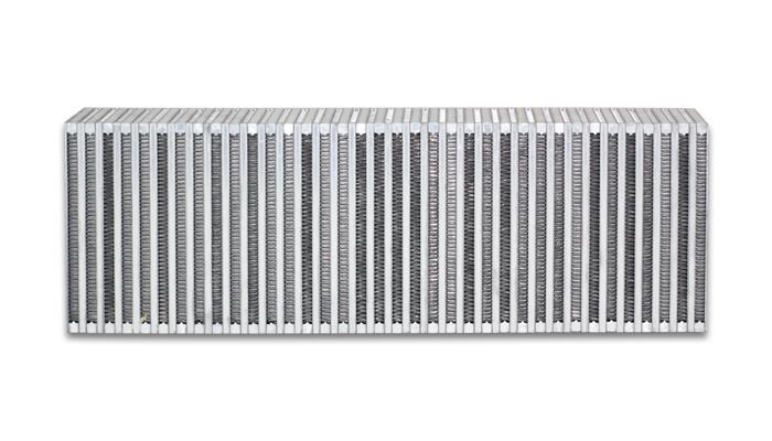 Vibrant vertical flow intercooler core with 24-inch width, 8-inch height, and 3.5-inch thickness for high-performance turbo systems.