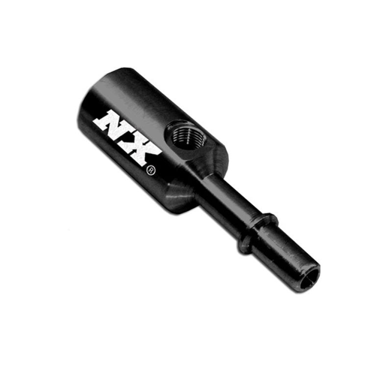 Nitrous Express 3/8-10mm billet fuel line adapter for late model vehicles, shown in close-up with polished metal finish.